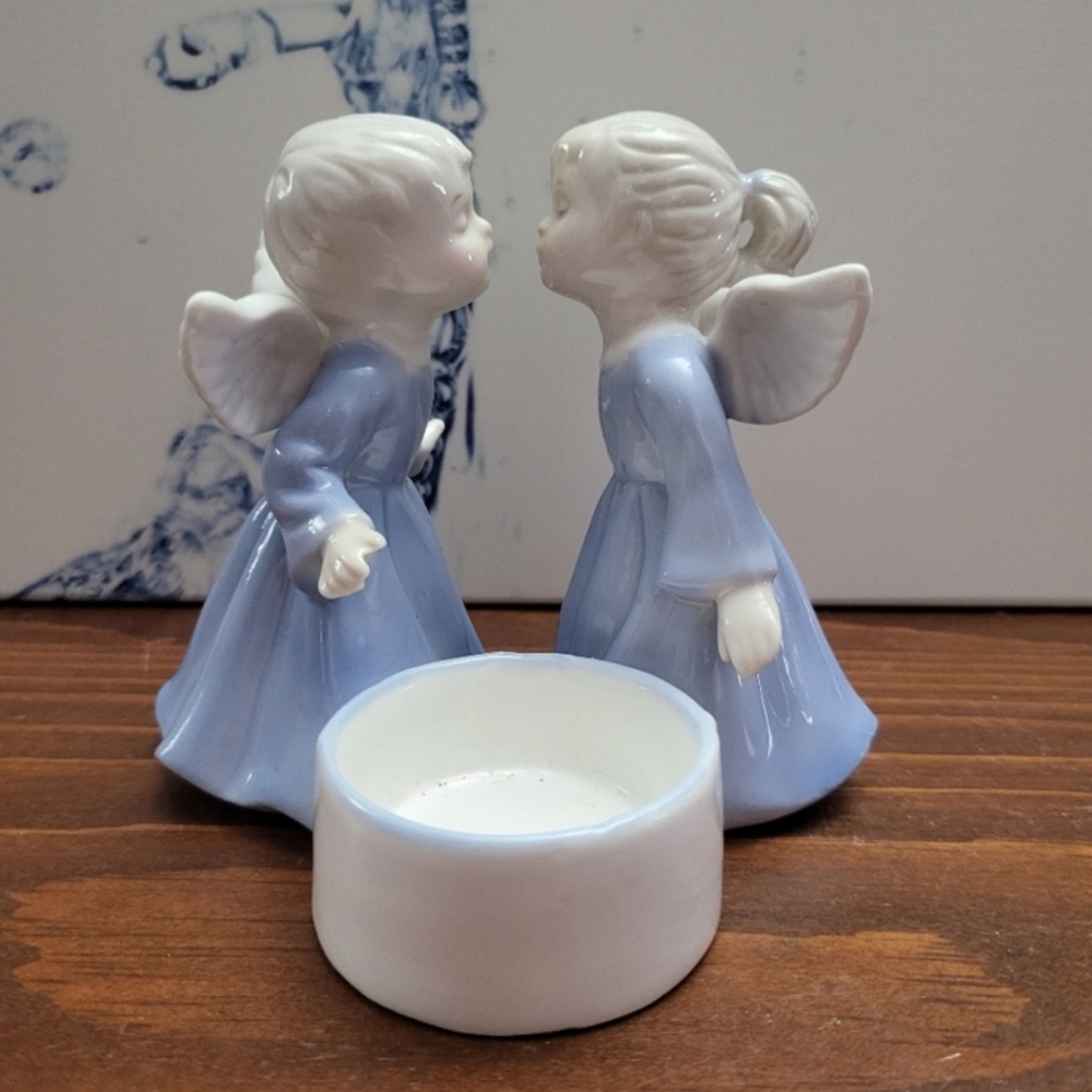 Elegant Blue Angels Kissing Candle Holder.